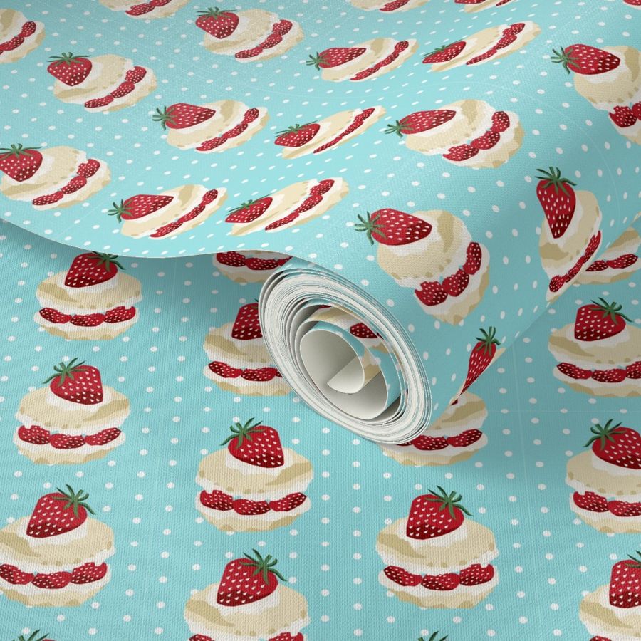 strawberry shortcake summer fruit dessert kitchen baking fabric light blue