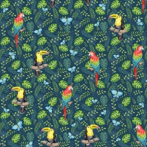 Tropical Toucan Macaw Butterflies on navy