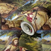 victorian hats brown yellow dress forests trees fishing rod angling rivers lakes red bows ringlets beautiful young woman lady 19th 20th century beauty blue sky clouds vintage antique elegant gothic lolita egl plants leaves leaf 