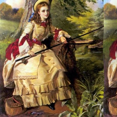 victorian hats brown yellow dress forests trees fishing rod angling rivers lakes red bows ringlets beautiful young woman lady 19th 20th century beauty blue sky clouds vintage antique elegant gothic lolita egl plants leaves leaf 