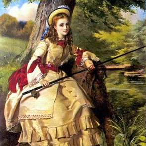 victorian hats brown yellow dress forests trees fishing rod angling rivers lakes red bows ringlets beautiful young woman lady 19th 20th century beauty blue sky clouds vintage antique elegant gothic lolita egl plants leaves leaf 
