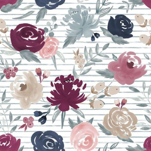 "Sand Berry" Watercolor Floral on Dusty Blue Stripes (Plum, Mauve, Navy, Dusty Blue and Sand)