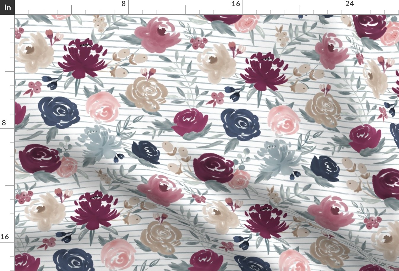 "Sand Berry" Watercolor Floral on Dusty Blue Stripes (Plum, Mauve, Navy, Dusty Blue and Sand)