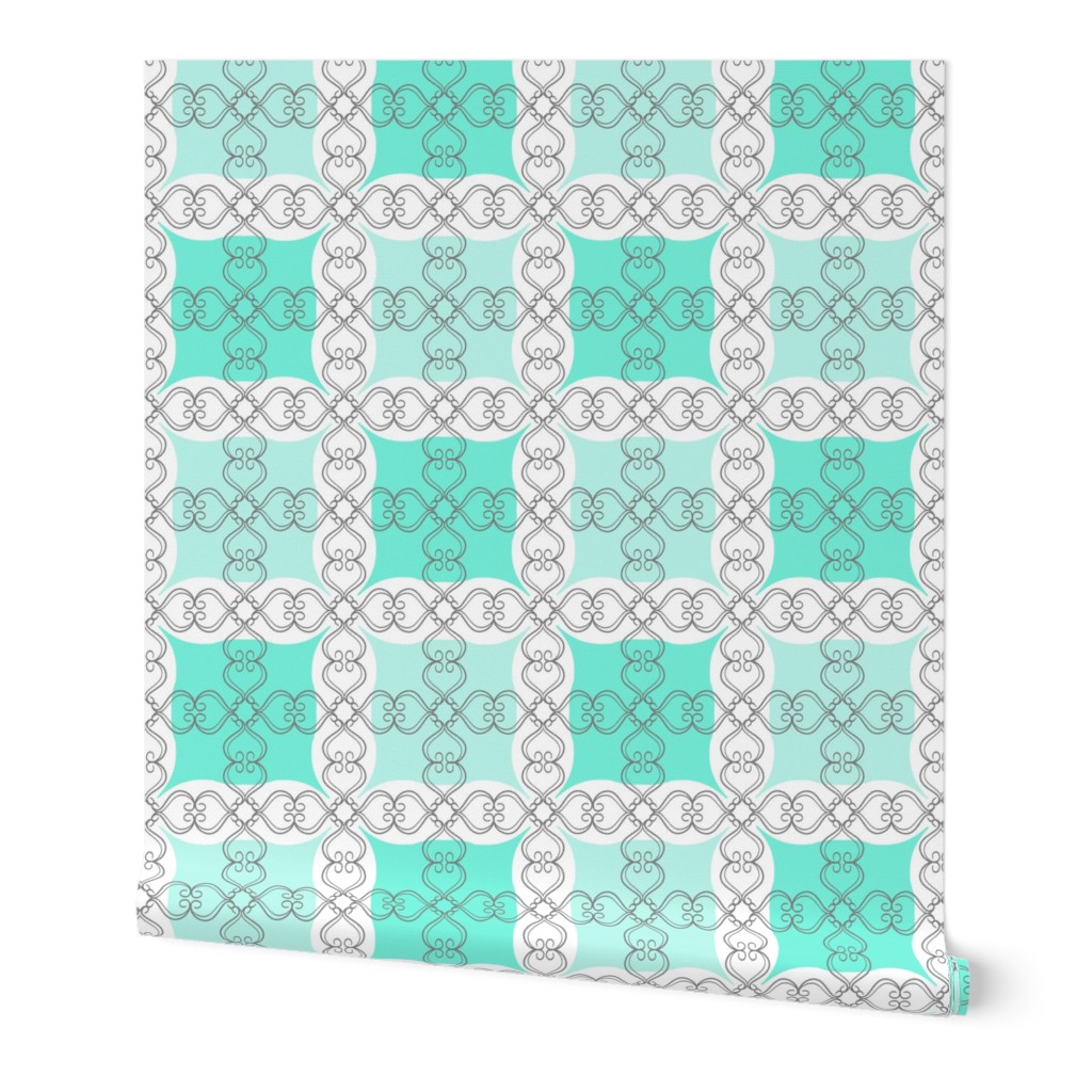 Mint Jade Green Grid with Scroll Fl 