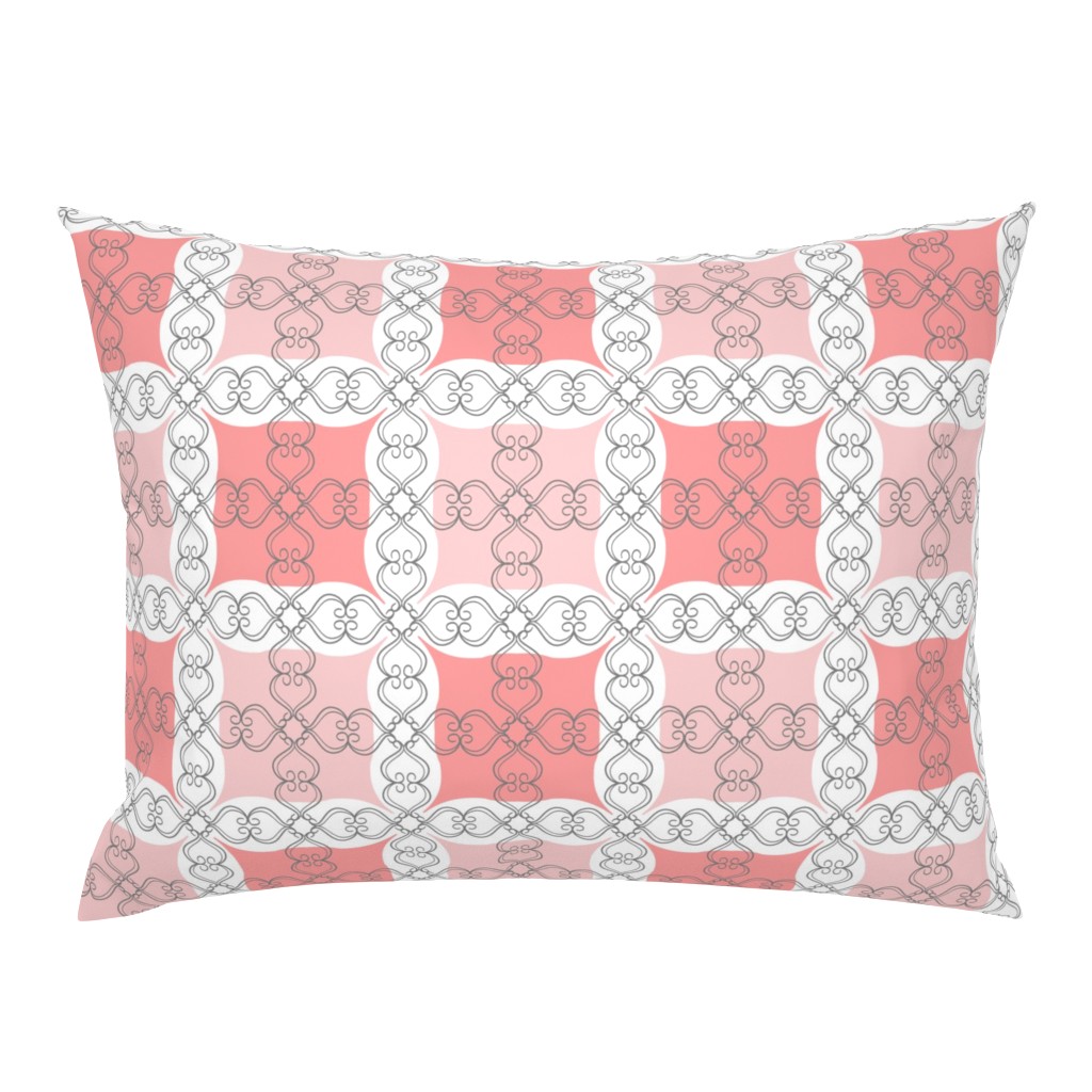 Coral Blush Pink Grid with Scroll Flo