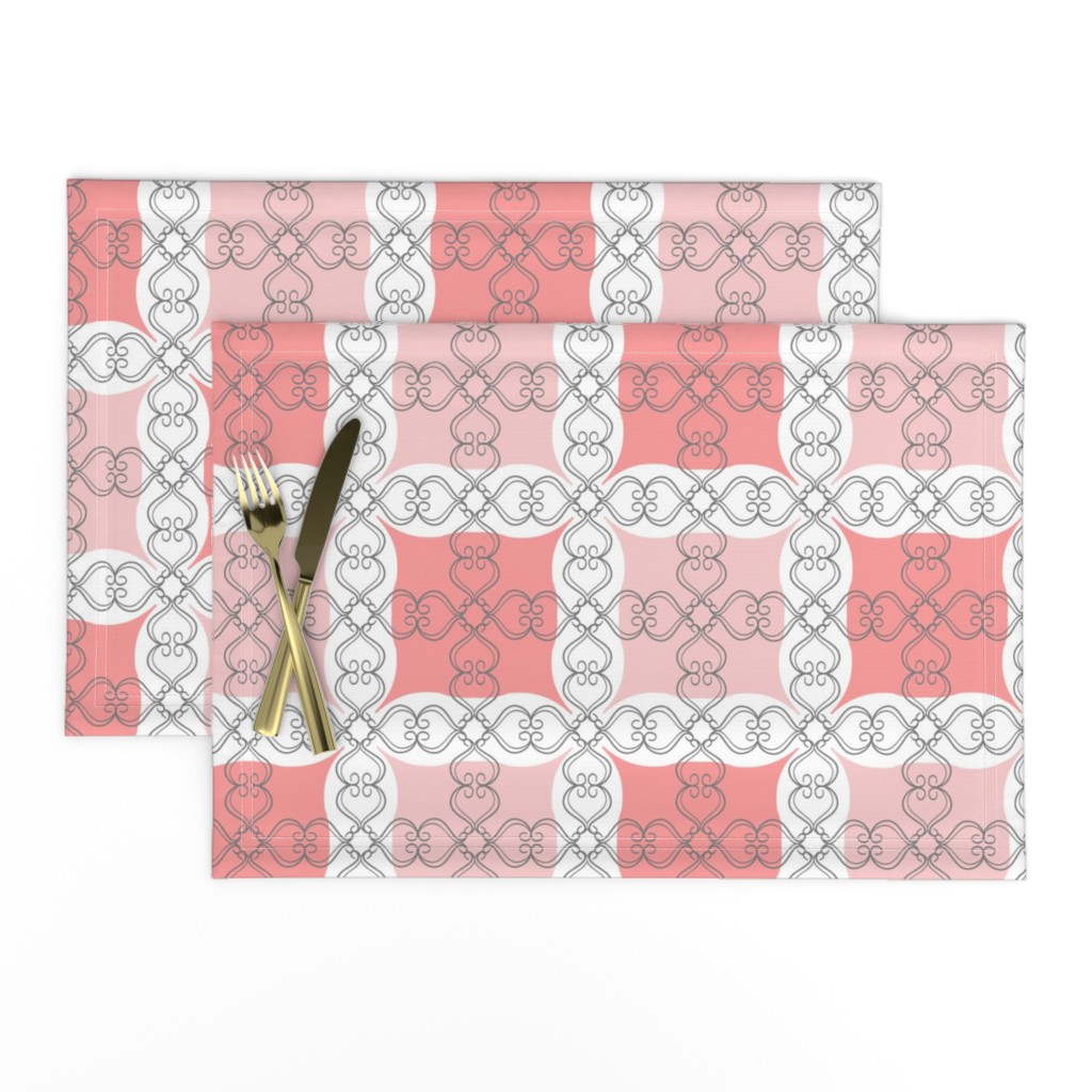 Coral Blush Pink Grid with Scroll Flo