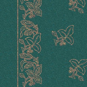 Embroidered-flower-border fabric - large 60 inches-wide -COPPER-GREEN-stencil-pattern-rotated-in-preview