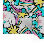 Cute brightly pattern with rainbow comets and stars