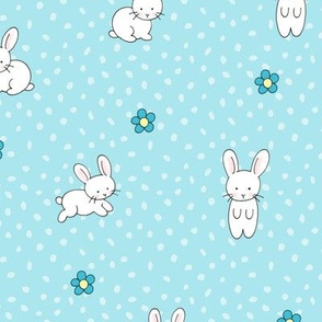 Cute White Bunnies and Flowers - blue