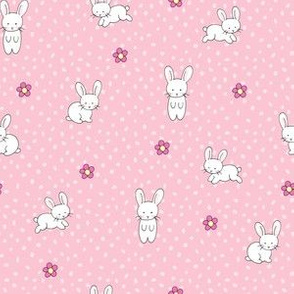 Cute White Bunnies and Flowers - pink