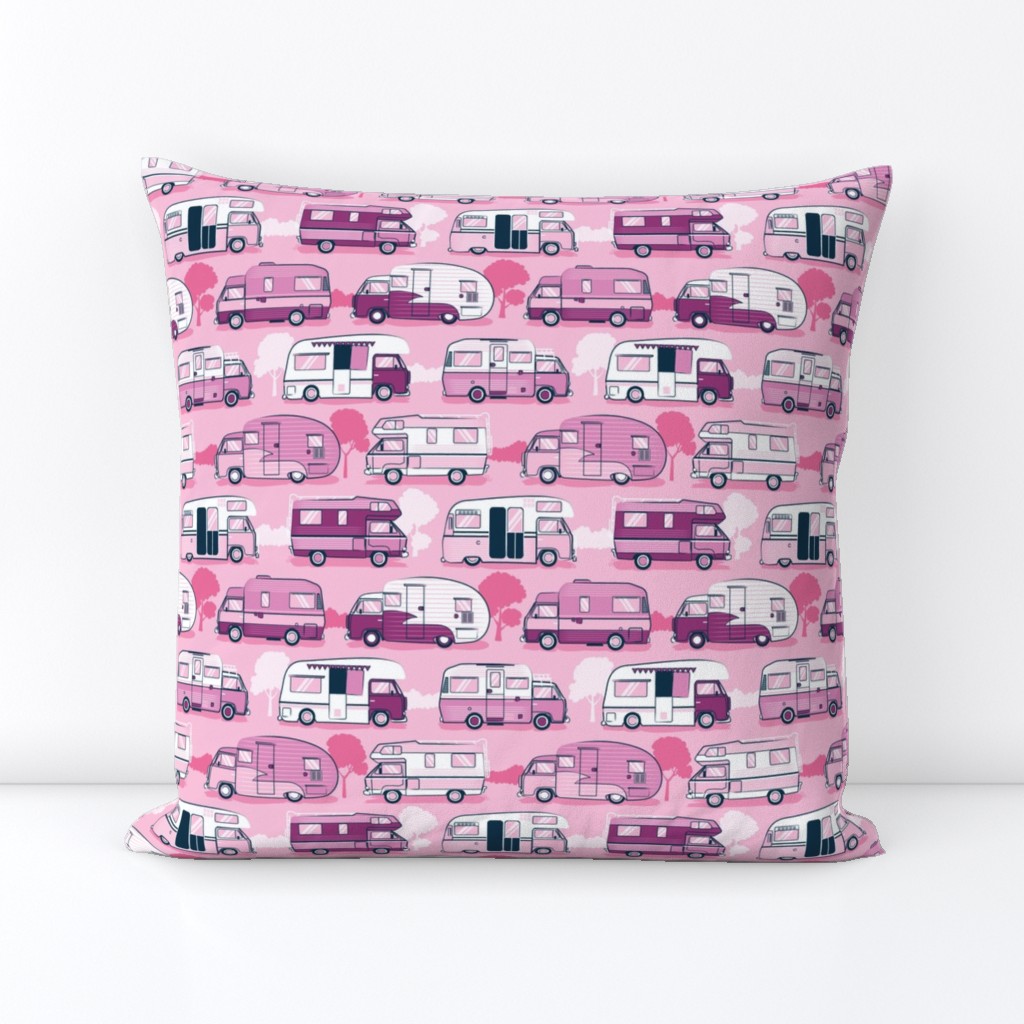 Small scale // Home sweet motor home // pink camper vans on pastel pink background 