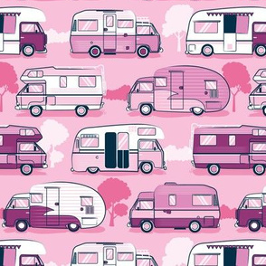 Small scale // Home sweet motor home // pink camper vans on pastel pink background 