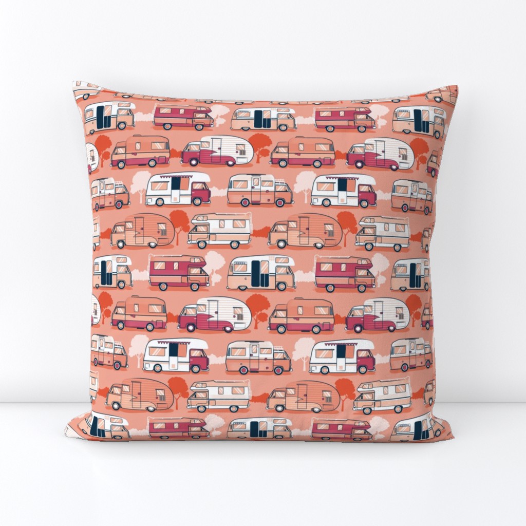 Small scale // Home sweet motor home // orange coral and red camper vans on orange coral background