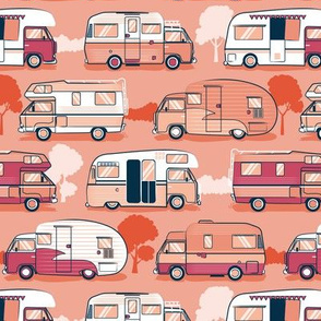 Small scale // Home sweet motor home // orange coral and red camper vans on orange coral background