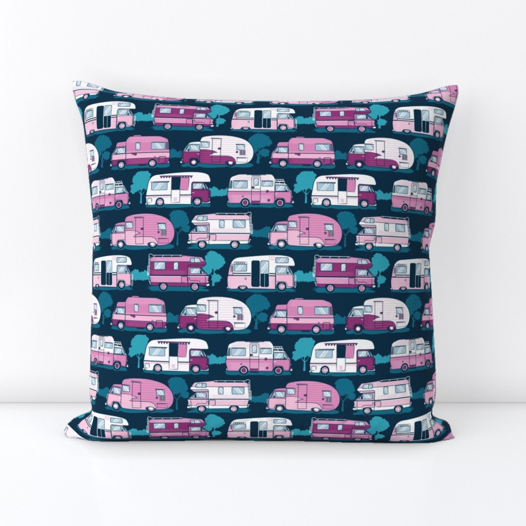 Small scale // Home sweet motor home // pink camper vans on navy blue background