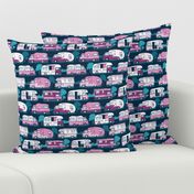 Small scale // Home sweet motor home // pink camper vans on navy blue background