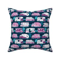 Small scale // Home sweet motor home // pink camper vans on navy blue background
