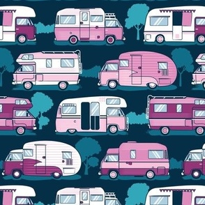 Small scale // Home sweet motor home // pink camper vans on navy blue background