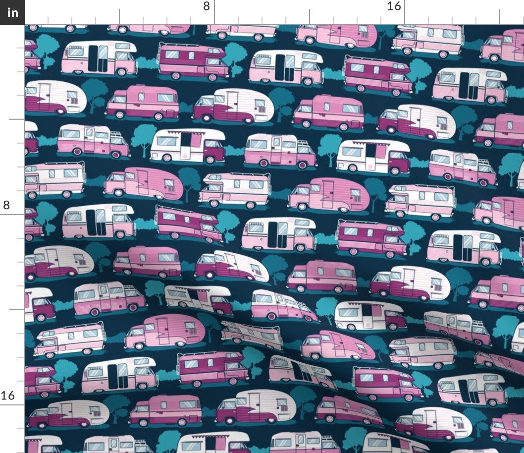 Small scale // Home sweet motor home // pink camper vans on navy blue background