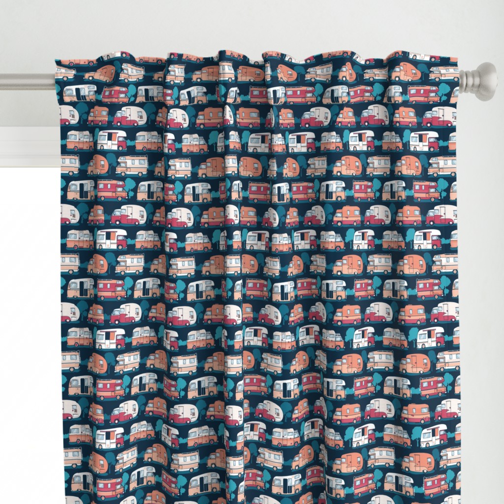 Small scale // Home sweet motor home // orange coral and red camper vans on navy blue background