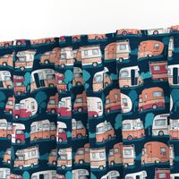 Small scale // Home sweet motor home // orange coral and red camper vans on navy blue background