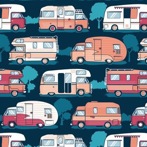 Small scale // Home sweet motor home // orange coral and red camper vans on navy blue background