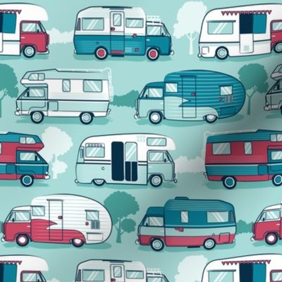 Small scale // Home sweet motor home // aqua teal and red camper vans on aqua background