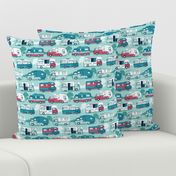 Small scale // Home sweet motor home // aqua teal and red camper vans on aqua background