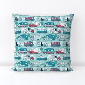 Small scale // Home sweet motor home // aqua teal and red camper vans on aqua background