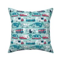 Small scale // Home sweet motor home // aqua teal and red camper vans on aqua background