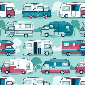 Small scale // Home sweet motor home // aqua teal and red camper vans on aqua background