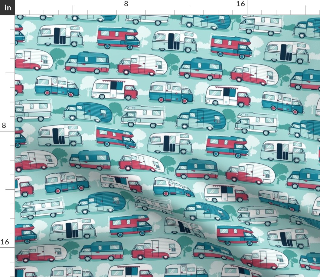 Small scale // Home sweet motor home // aqua teal and red camper vans on aqua background