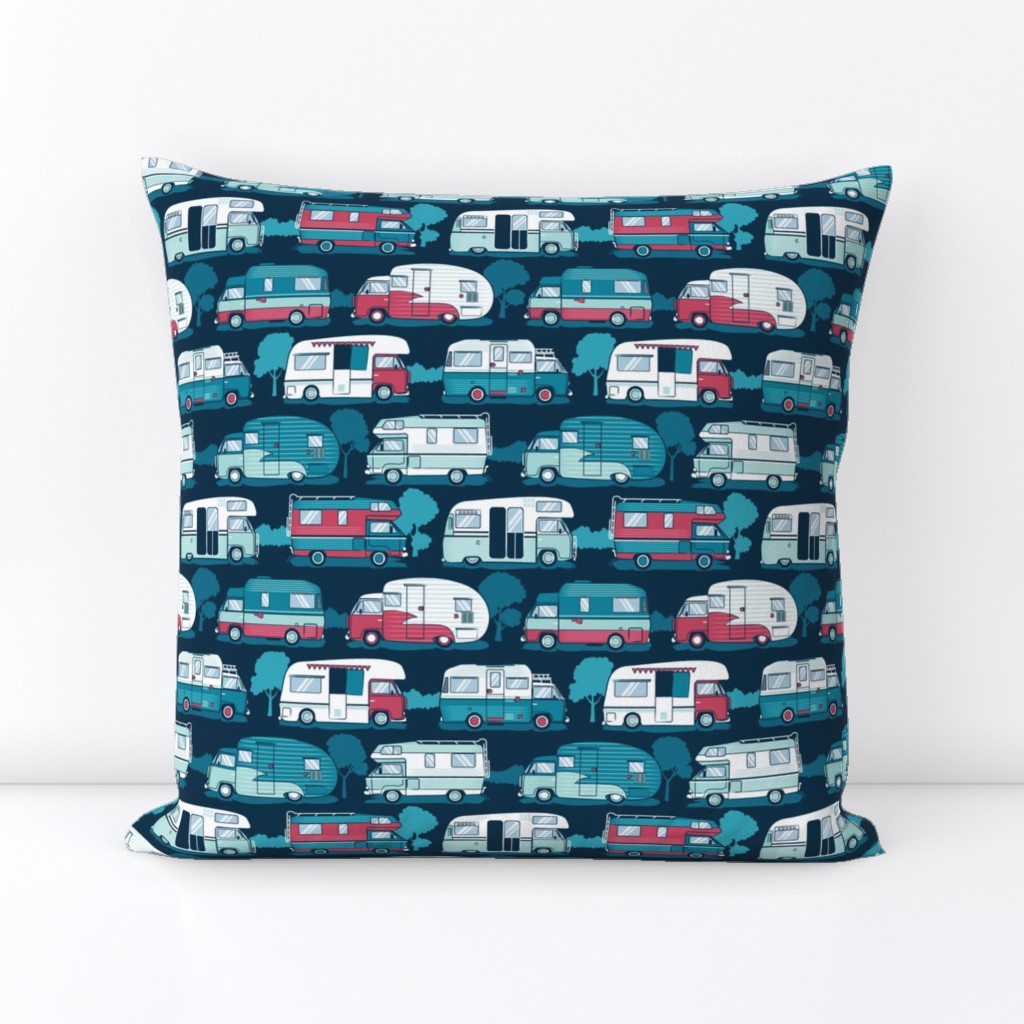Small scale // Home sweet motor home // aqua teal and red camper vans on navy blue background