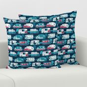 Small scale // Home sweet motor home // aqua teal and red camper vans on navy blue background