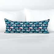 Small scale // Home sweet motor home // aqua teal and red camper vans on navy blue background