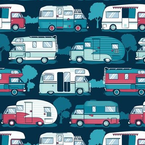 Small scale // Home sweet motor home // aqua teal and red camper vans on navy blue background