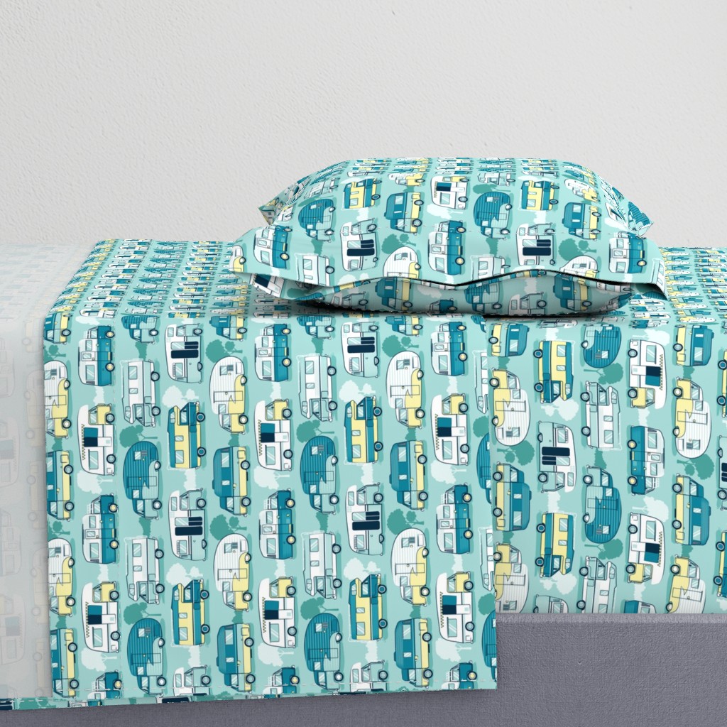 Small scale // Home sweet motor home // yellow lime and teal camper vans on aqua background