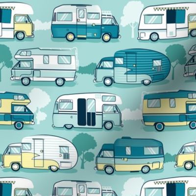 Small scale // Home sweet motor home // yellow lime and teal camper vans on aqua background