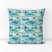 Small scale // Home sweet motor home // yellow lime and teal camper vans on aqua background