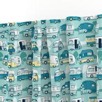 Small scale // Home sweet motor home // yellow lime and teal camper vans on aqua background