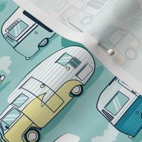 Small scale // Home sweet motor home // yellow lime and teal camper vans on aqua background