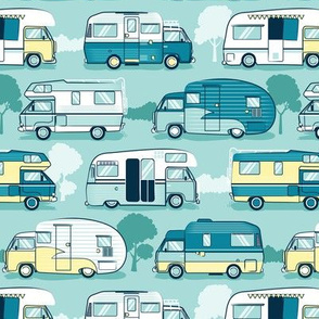 Small scale // Home sweet motor home // yellow lime and teal camper vans on aqua background