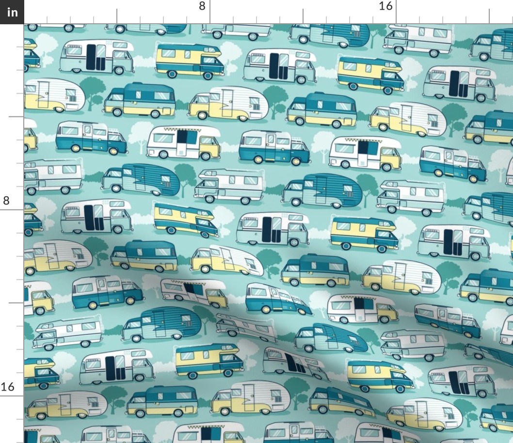 Small scale // Home sweet motor home // yellow lime and teal camper vans on aqua background