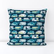 Small scale // Home sweet motor home // yellow lime aqua and teal camper vans on navy blue background
