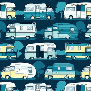 Small scale // Home sweet motor home // yellow lime aqua and teal camper vans on navy blue background