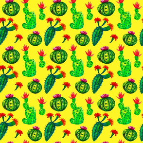Flowering cactus seamless pattern on yellow background