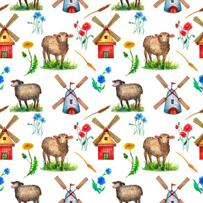 Farm rustic seamless pattern watercolor drawing