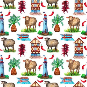 Rustic landscape with sheeps_ lighthouse and boat seamless pattern