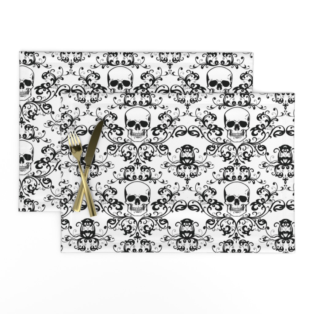 Skull Damask Black on White