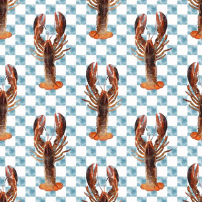 Watercolor Lobsters on Blue Checked Background